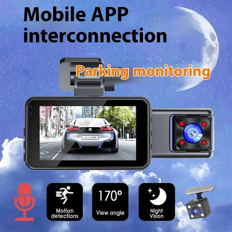 Black 3-lens car dash cam for front windshield with 3-inch screen and 170-degree wide angle lens