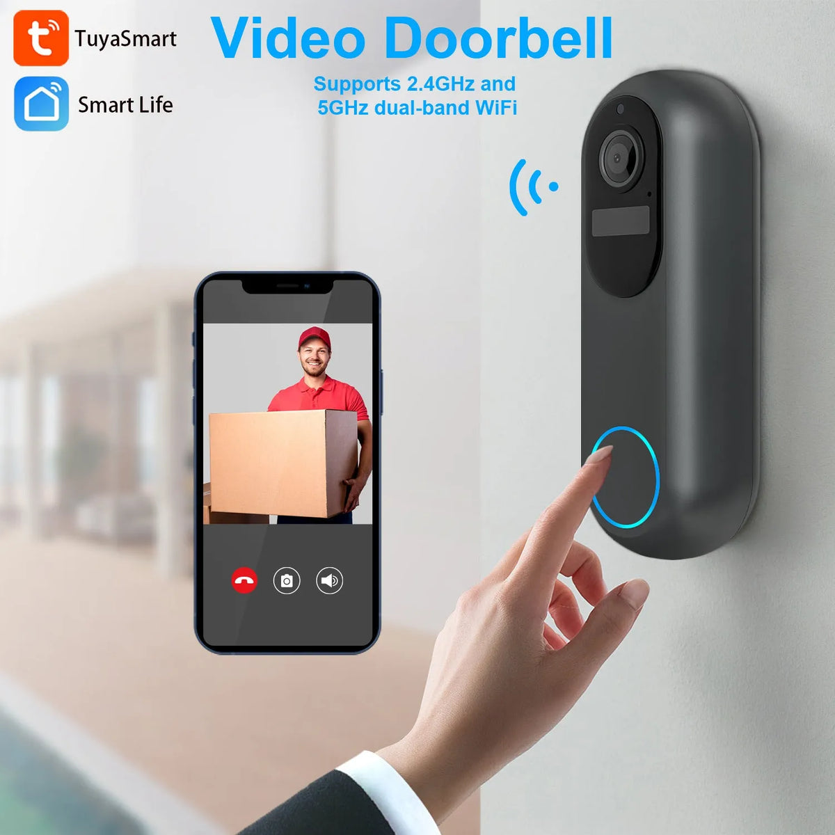 Smart visual doorbell intercom with 1080P HD camera, 5000mAh detachable battery, in black finish