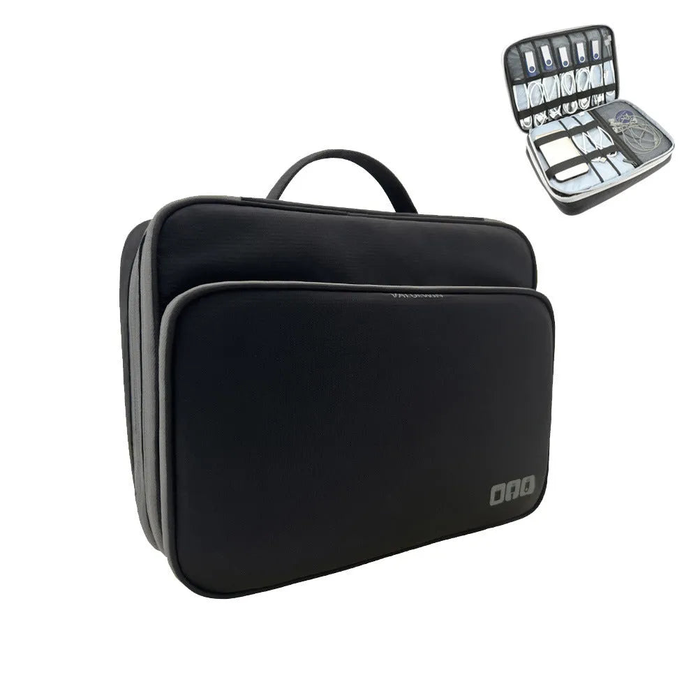 Three-layer waterproof polyester travel storage bag in black with sewing line detailing