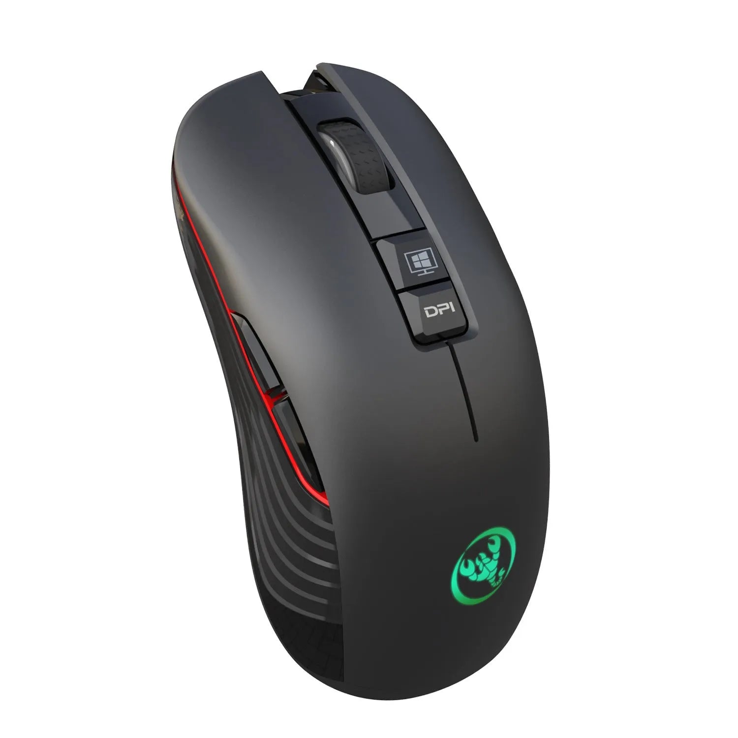 Black ergonomic wireless gaming mouse with multi-colour breathing LED lights on a desk.