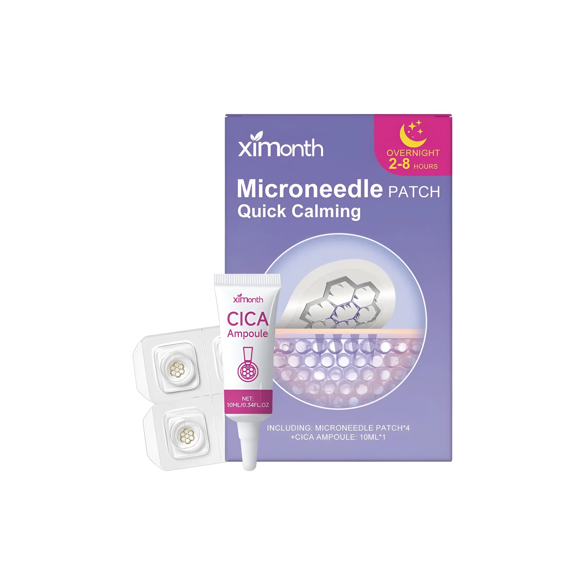 XIMONTH calming microneedle patch and ampoule set with tea tree oil and calendula extracts.