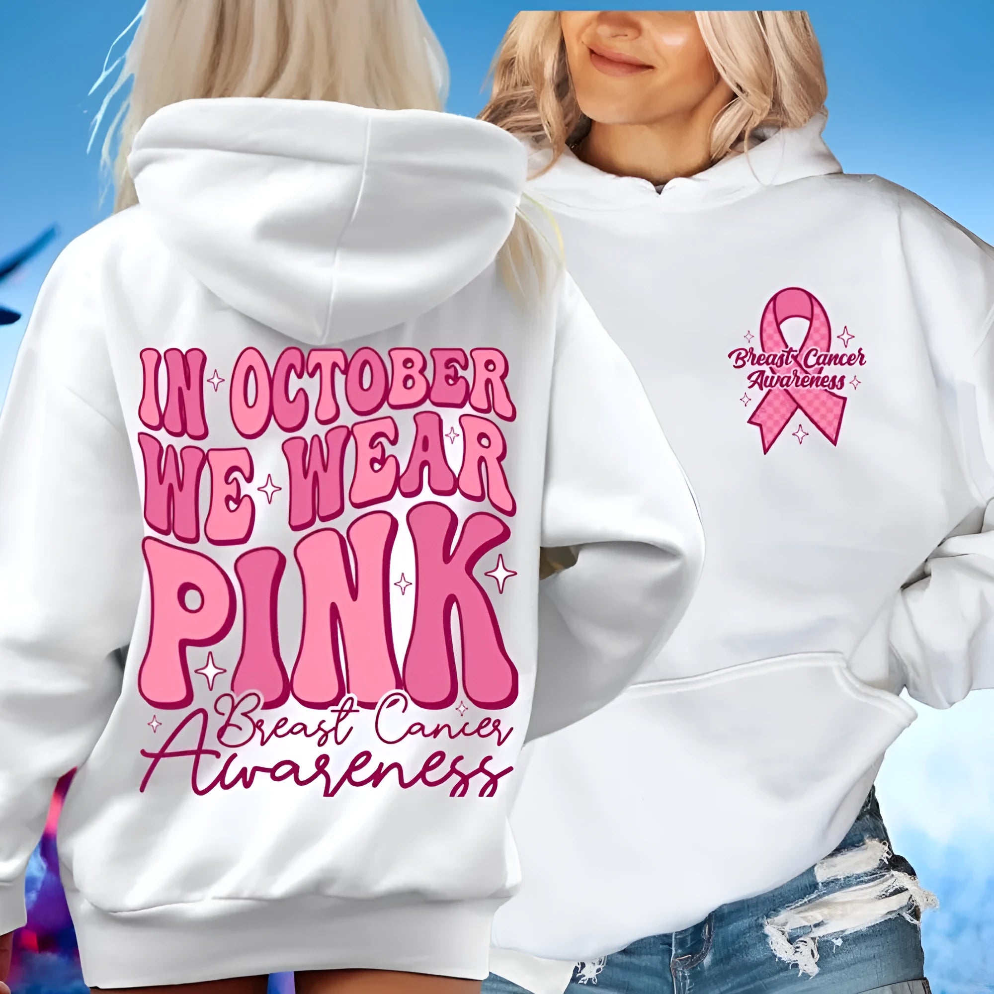 Breast cancer awareness pullover hoodie with art retro print and side seam pockets in multiple colours.
