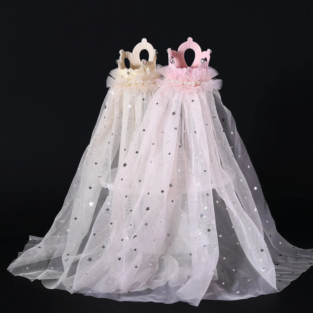 Pet princess crown headdress with veil for cats, available in beige or pink cotton polyester.