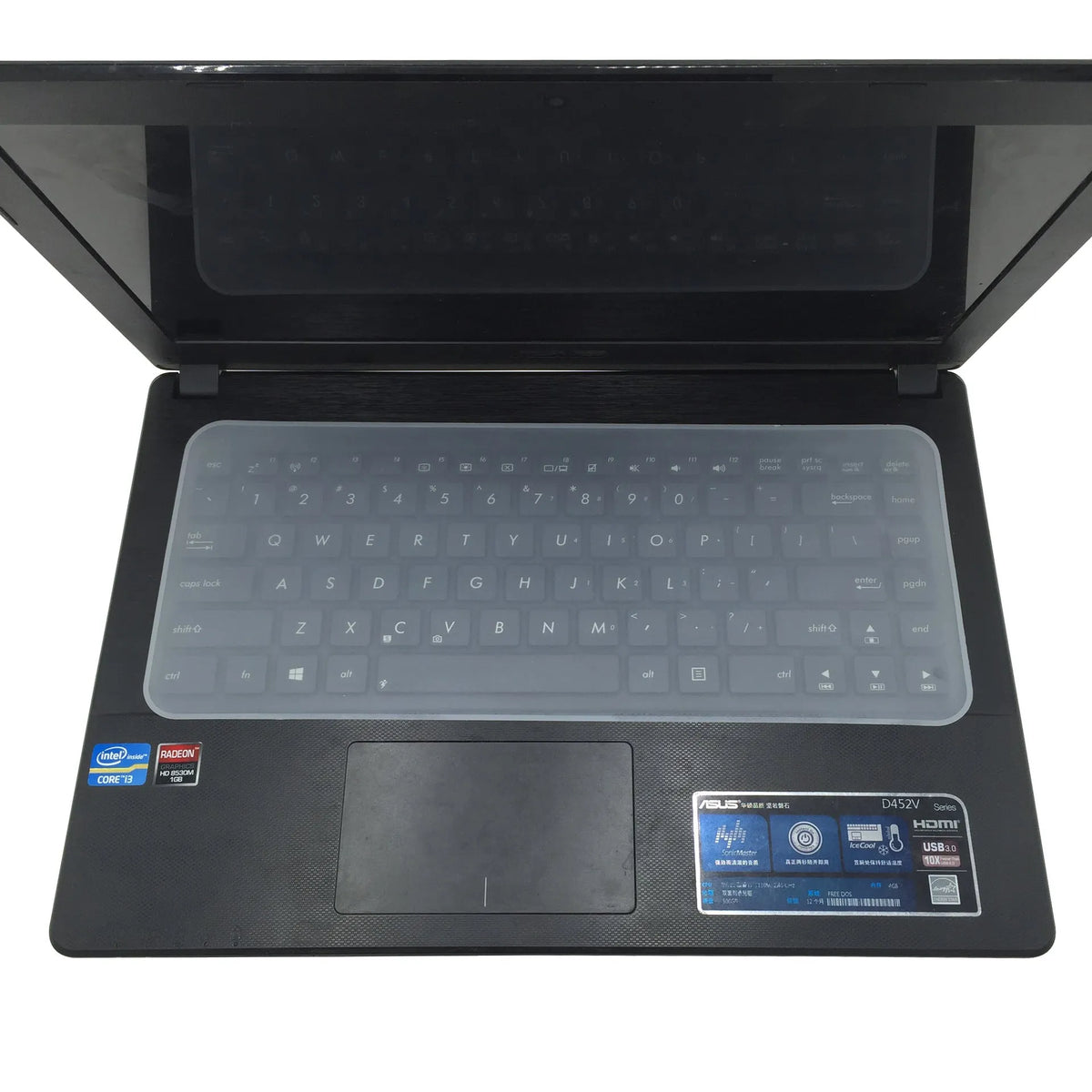 Transparent silicone keyboard dust film for 15 inch laptop showing close fit over keys