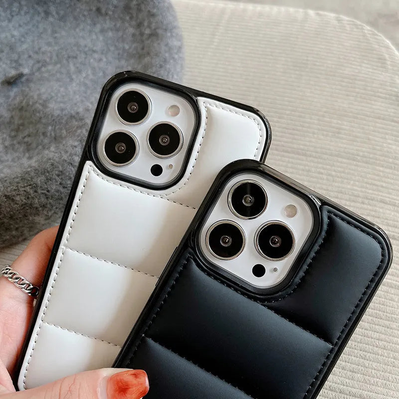Candy Down Jacket shaped solid colour iPhone case in black, white, rose red, and green.