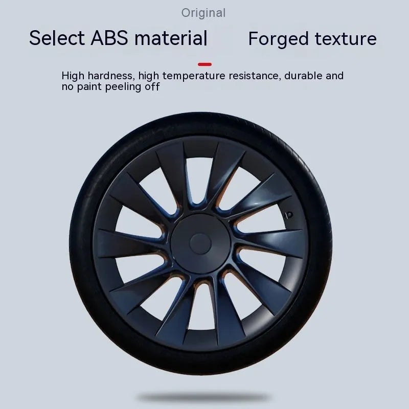 Tesla Model Y plastic wheel hub cover with sectional steel ring design in four colour options