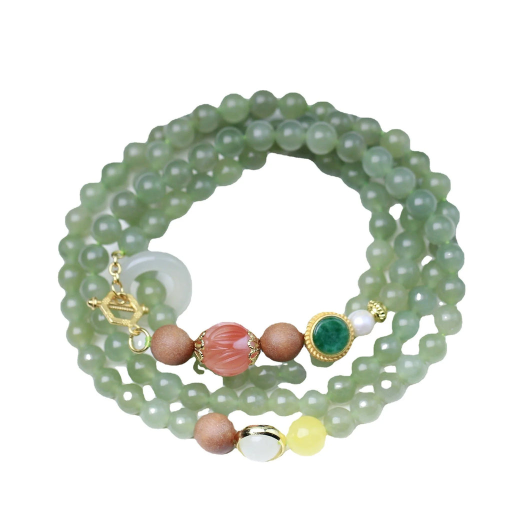 Hetian jade lotus beads necklace and sandalwood beeswax bracelet set with fu character zodiac design