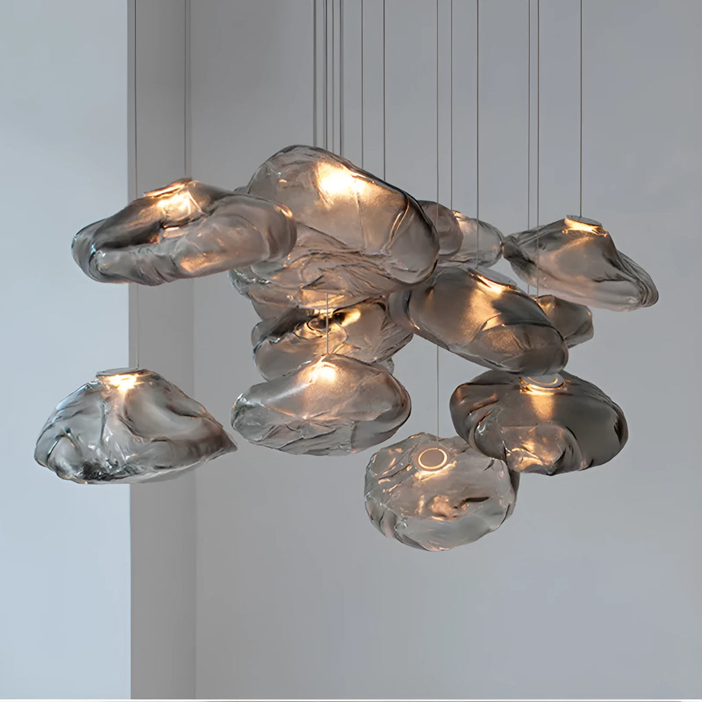 Modern glass chandelier with LED lighting in amber, clear or smoke grey colour options