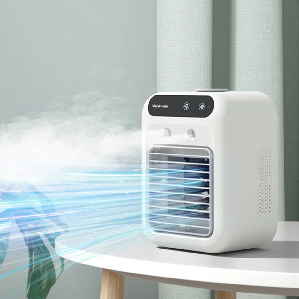 Compact ivory white portable USB air cooler with touchscreen display on a desk.
