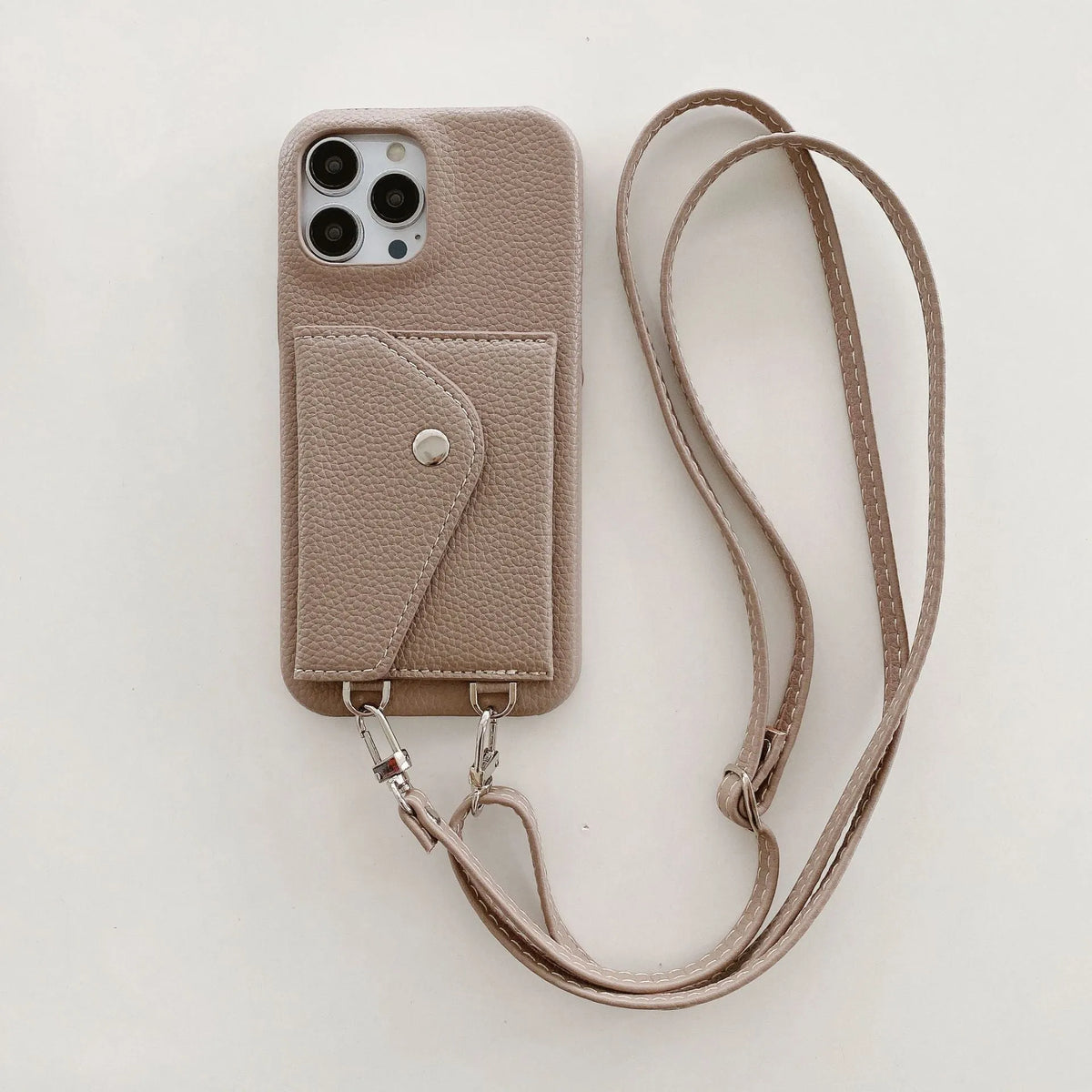 Crossbody phone case with card holder and lanyard for iPhone, lychee pattern PC leather, multiple colours