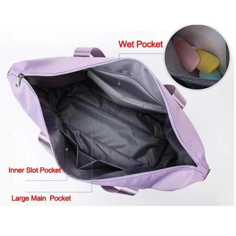 Versatile foldable travel bag for women with waterproof and spacious design, featuring various interior pockets and carrying options.