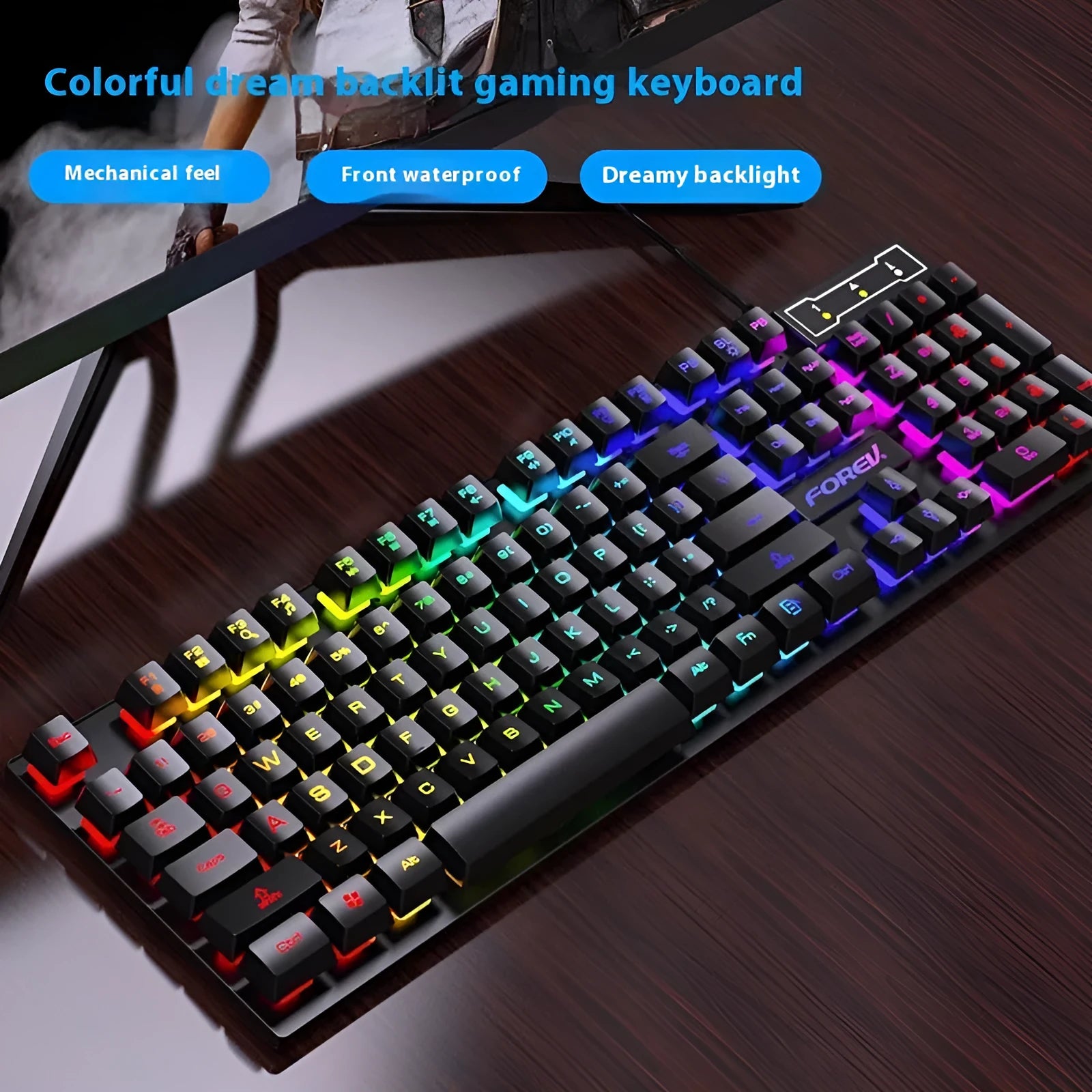 Black backlit gaming keyboard and mouse combo with 104 keys and 37.5cm width