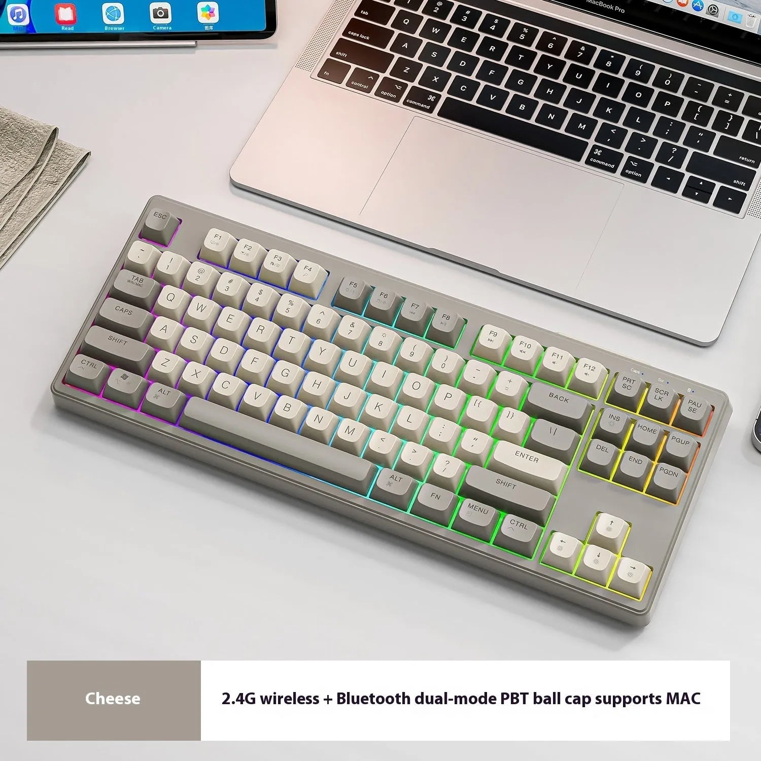 M87 wireless dual-mode mechanical feeling keyboard in blueberry colour on a desk.