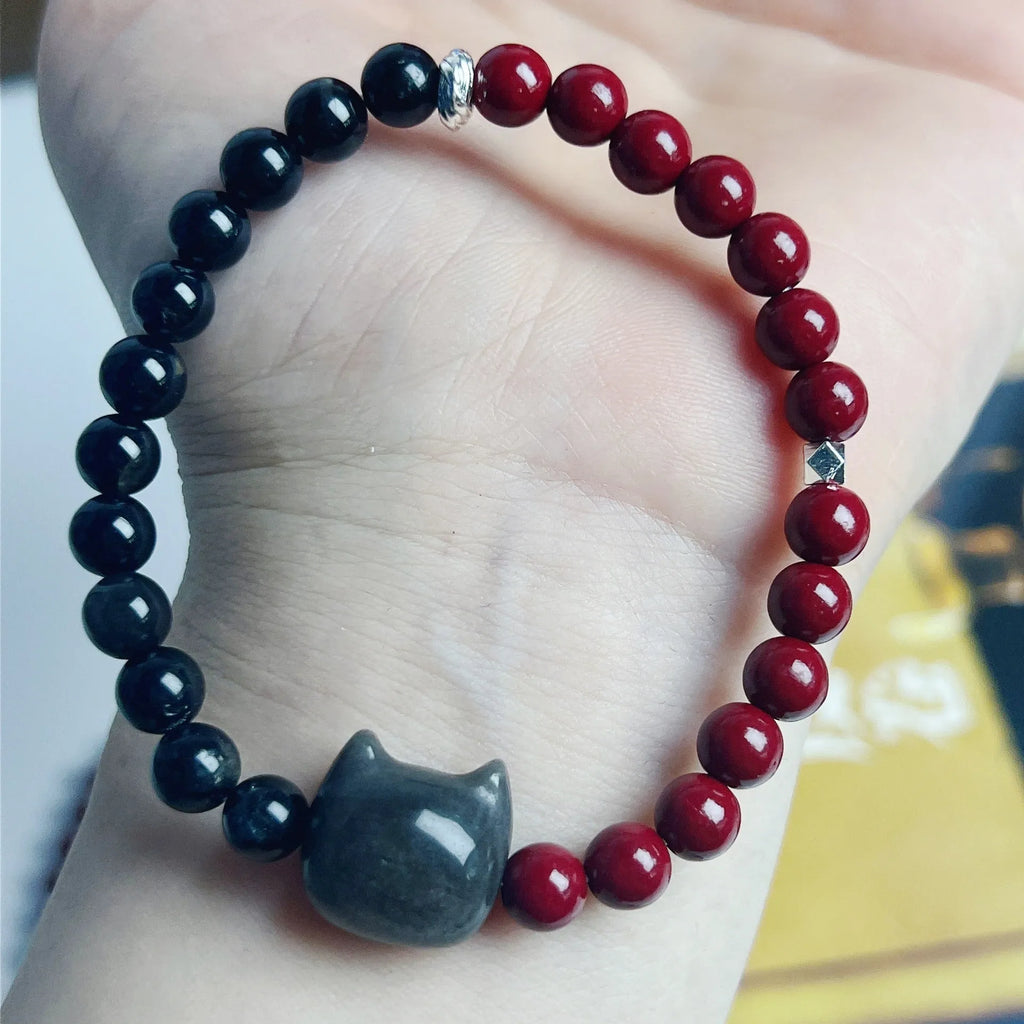 Colourful obsidian cat charm bracelet in net red style with detailed feline design