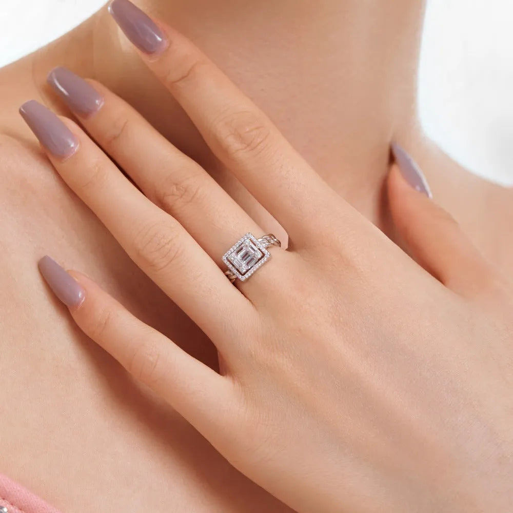 S925 sterling silver women's open ring with belt chain design and full diamond inlay, platinum white diamond colour