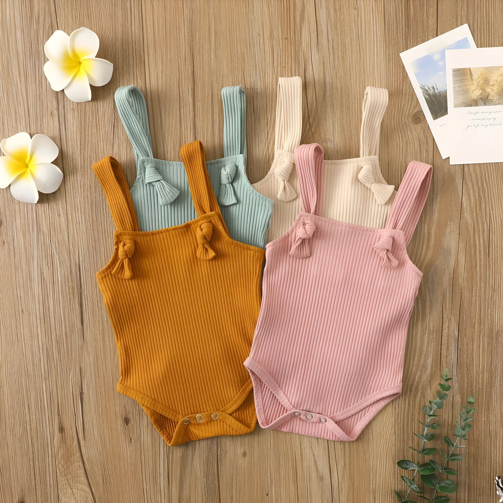 Baby cotton pit strap romper sleeveless summer outfit for girls in brown beige pink light green