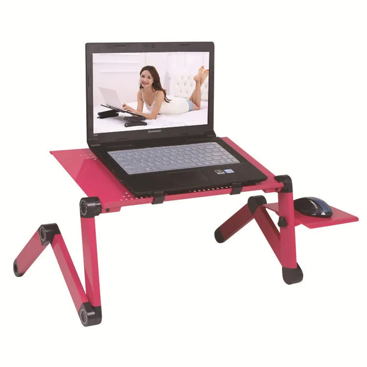 Black folding computer desk with metal frame and cooling fan for laptop use