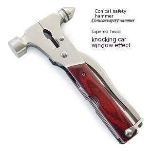 16-in-1 multifunctional solid steel car safety hammer shown folded, with portable Oxford fabric bag.