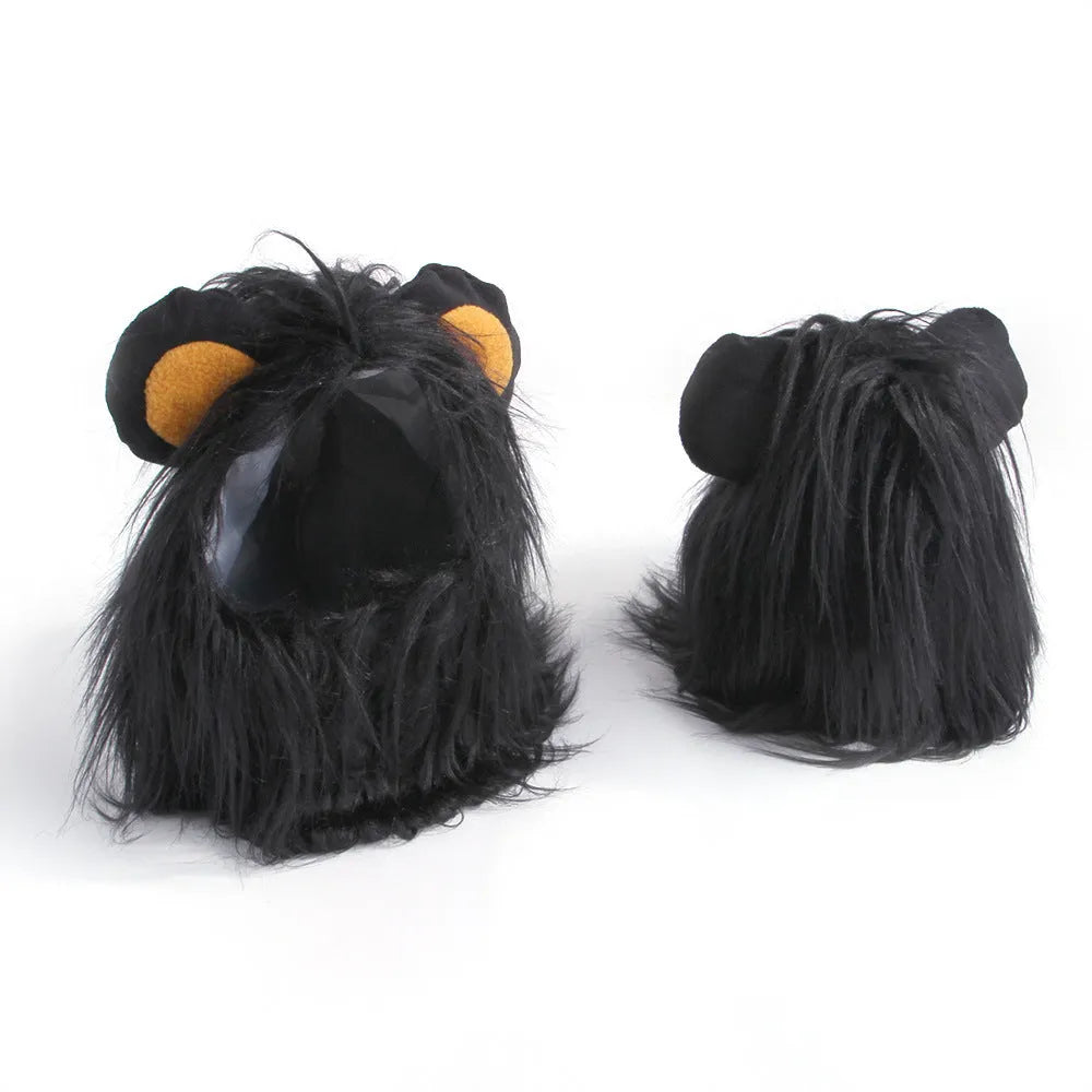 Black and white pet cat lion headgear wig hat costume in small, medium, large sizes