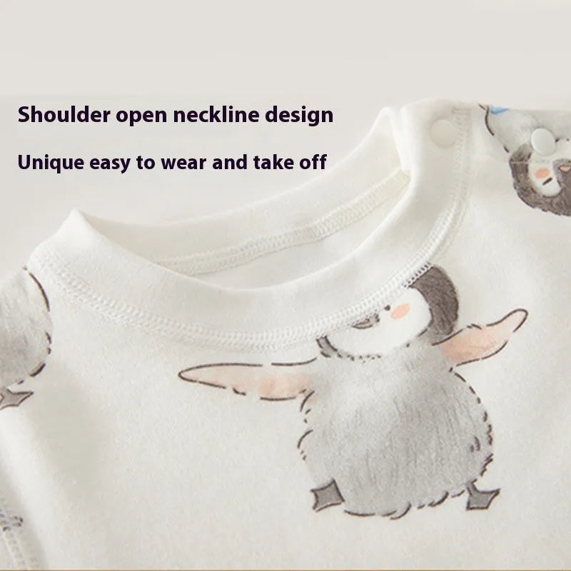 Unisex cotton baby long johns with penguin print, long sleeves and pants, 73-140cm