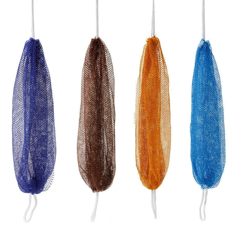 Nylon polyester bath sponge towel with drawstring, 70g, shown in six colours including black and pink