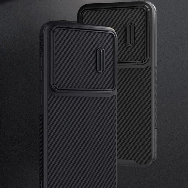 Matte black Samsung S23 Ultra phone case with a push-down camera lens cover, made from TPU, PC and carbon fibre.