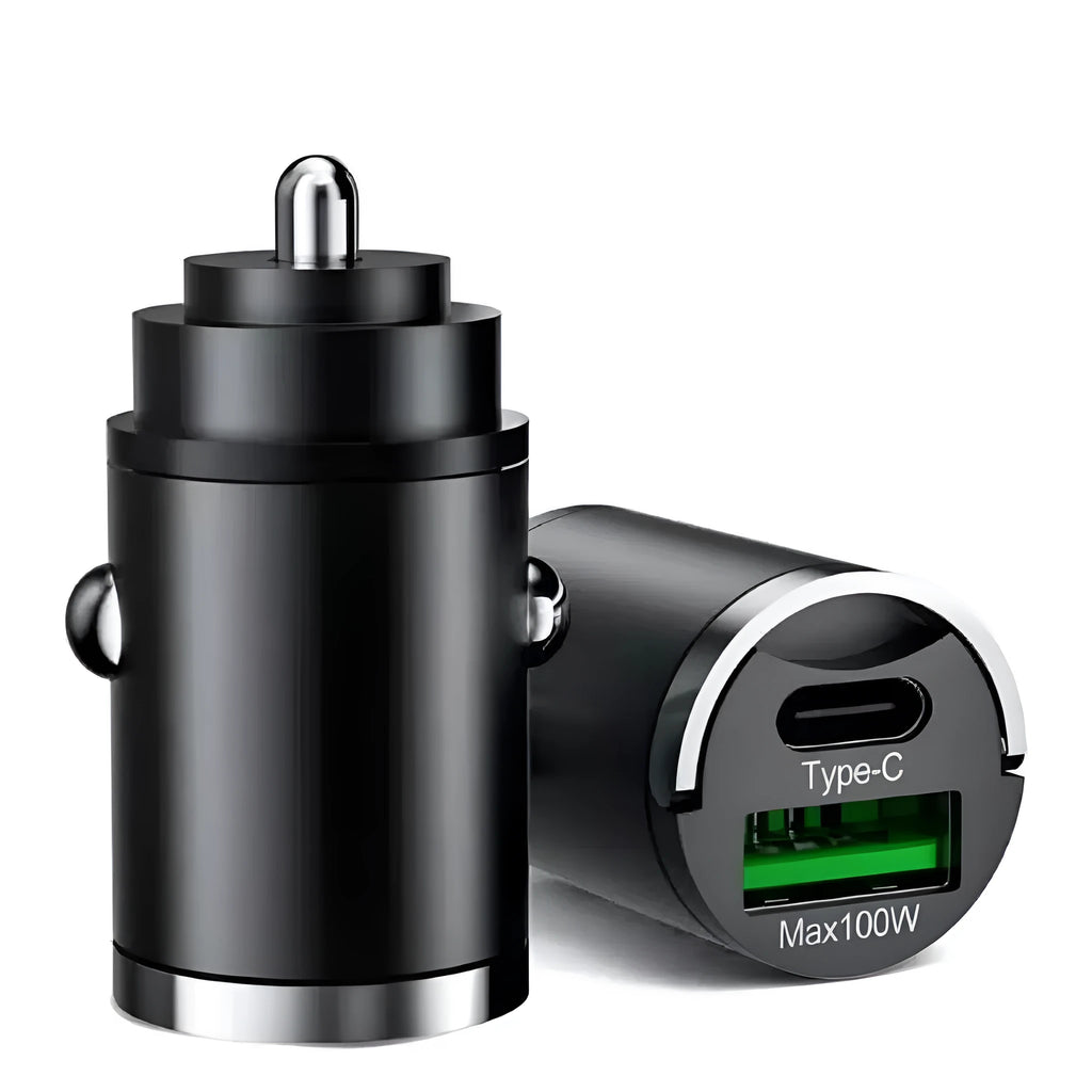 Black metal 100W super fast car charger with USB port for vehicle use.