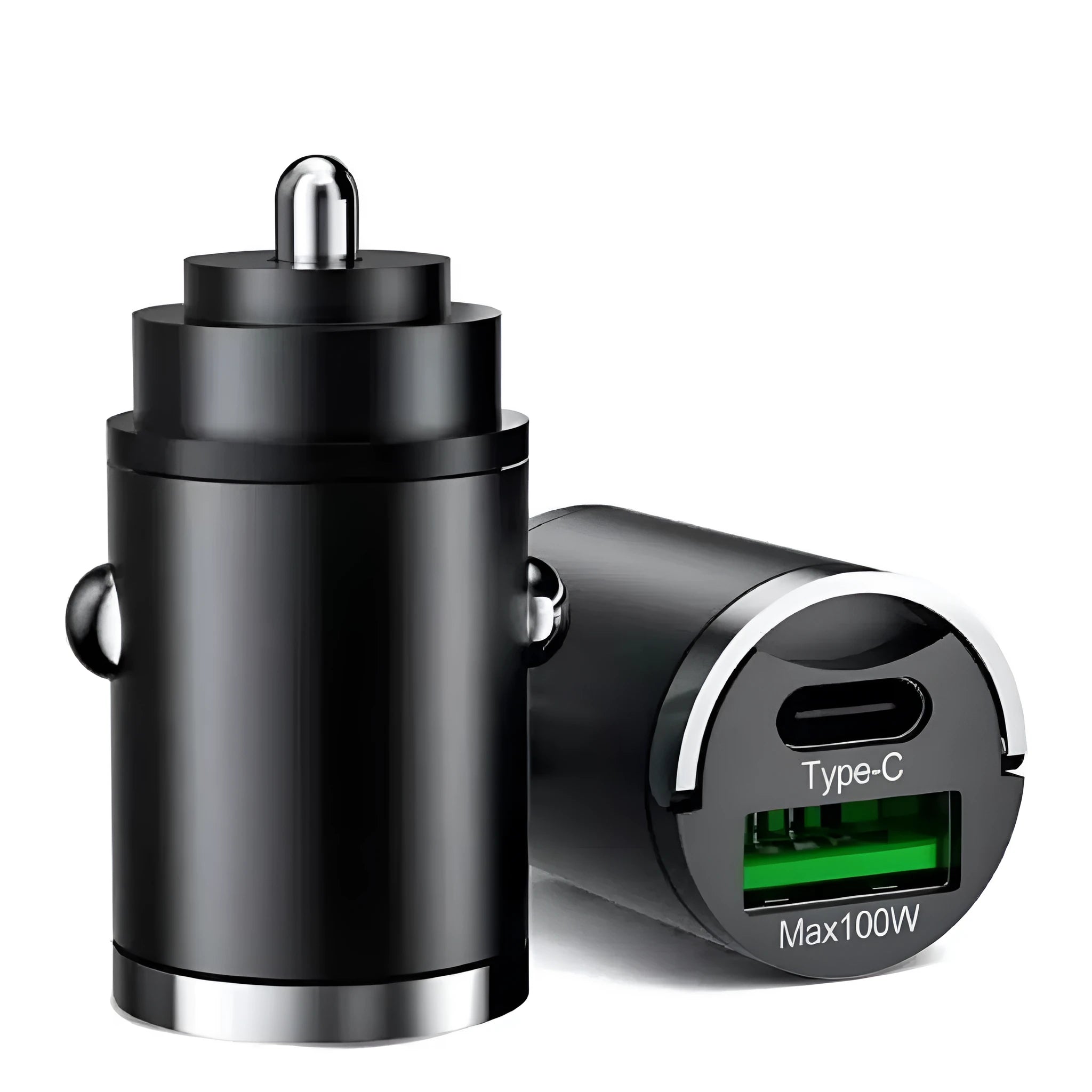 Black metal 100W super fast car charger with USB port for vehicle use.