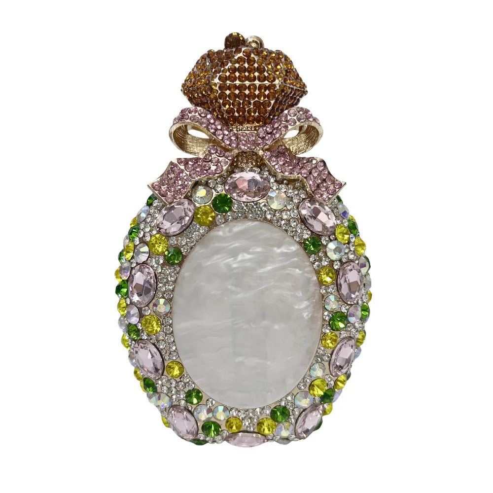 Women's hard alloy clutch bag with full diamond embellishment, shown in a golden colour.