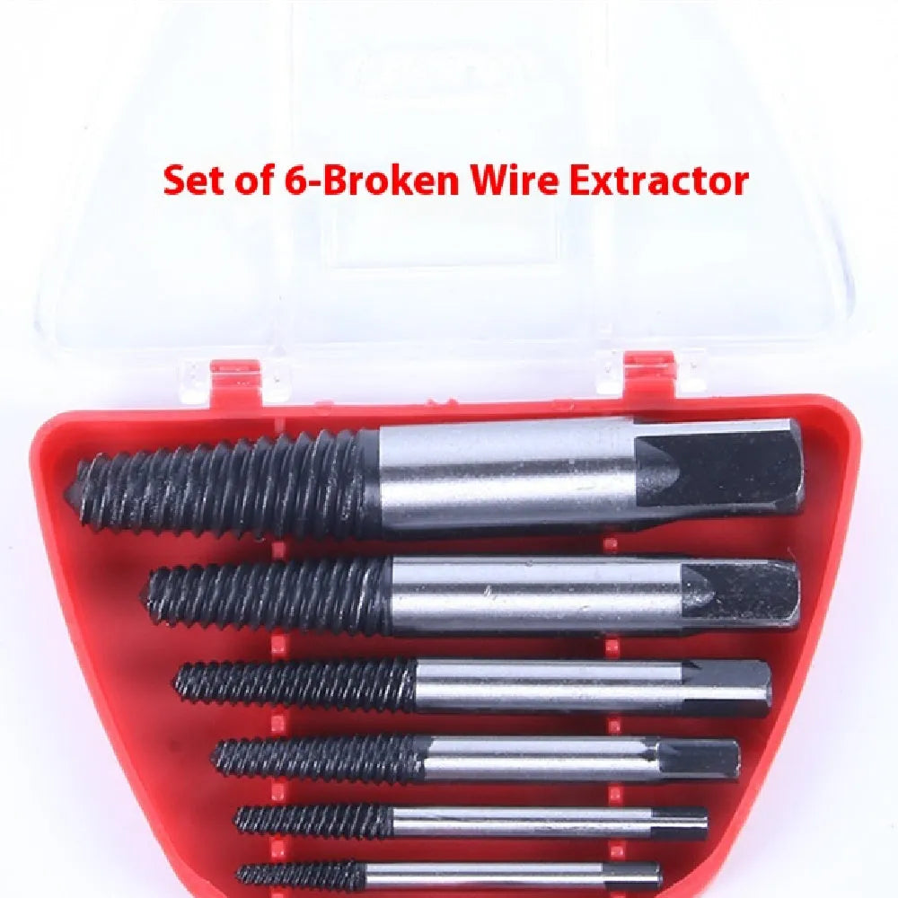 6 piece broken wire extractor set black metal plastic nail puller tools on white background