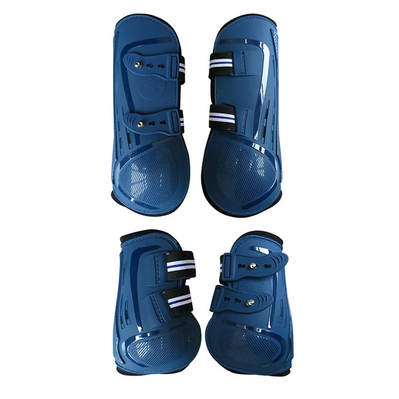Horse leg guards with PU hard shell, elastic neoprene fit, and ventilation air holes in multiple colour options