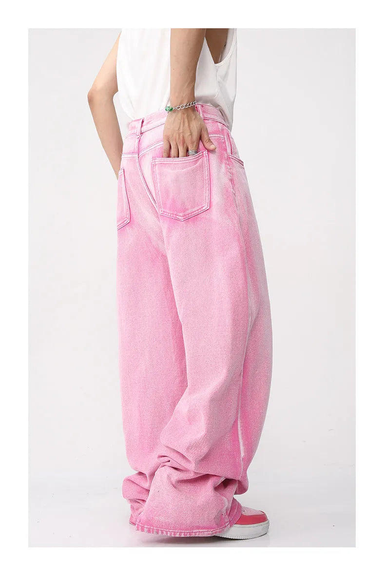 Denim jacket straight jeans set for men cotton spring pink colour