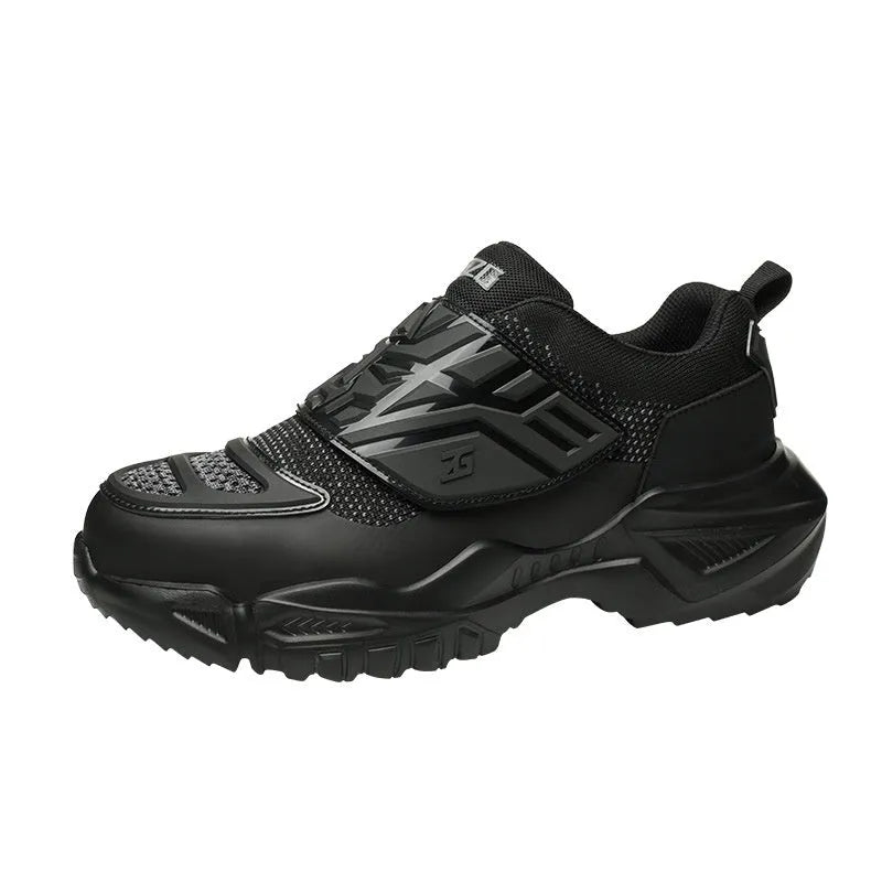 Black safety work shoe with steel toe cap, felt buckle, and anti-puncture sole for industrial use.