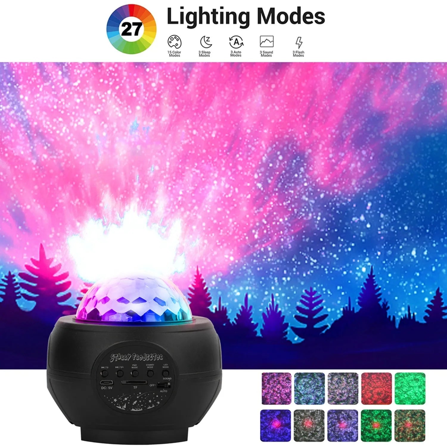 Mini laser light planet starry sky projection lamp with LED and laser sources, USB powered, black colour, showing star field effect
