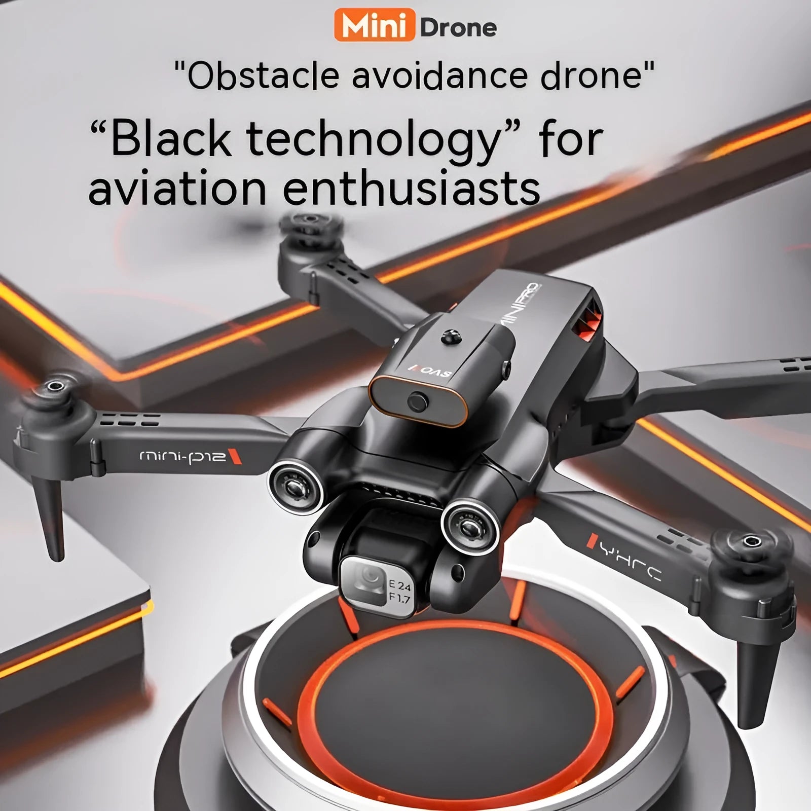 Black P12 remote-controlled quadcopter drone with camera, shown folded and unfolded.