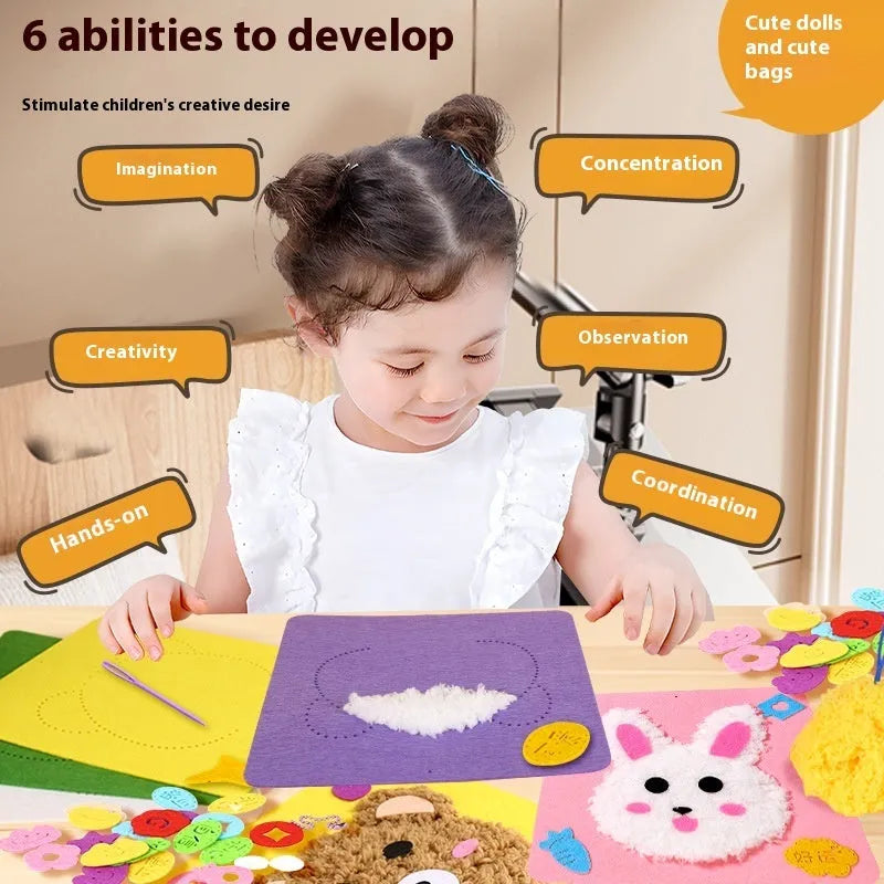 Children's cartoon animal wool embroidery painting DIY set with cloth base, 15x5cm, featuring bear and bunny designs
