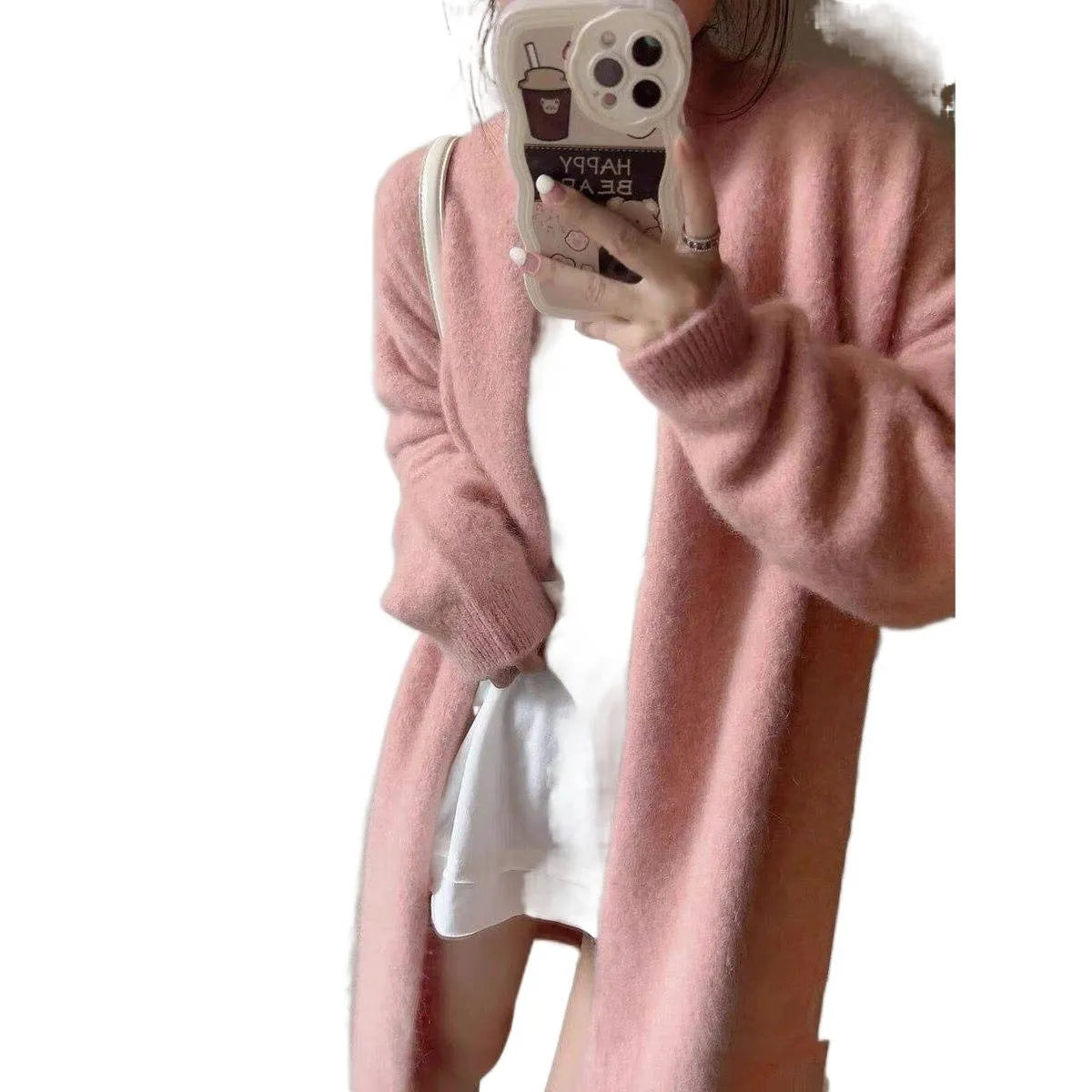Gentle thickened knitted cardigan coat for women, shoulder strap style, Ice Silk fabric, beige colour, open front