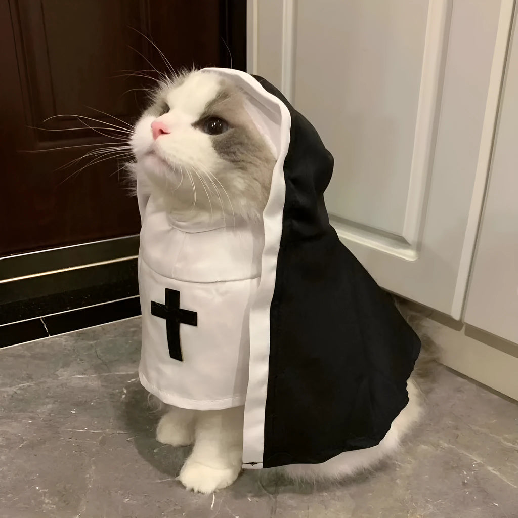 Black and white polyester nun costume cloak for a small dog on Halloween