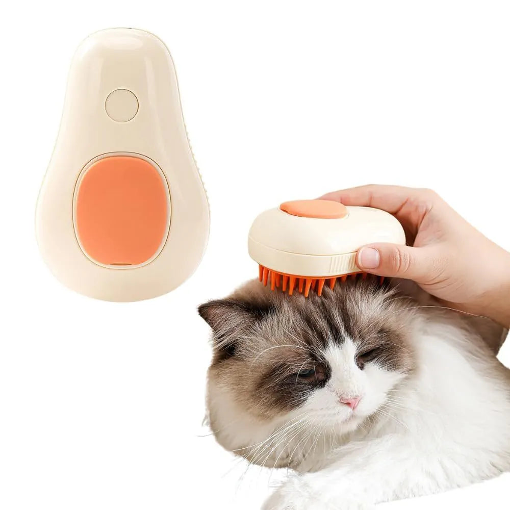 Green and white cat steam brush with silicone teeth, water spray function and compact design