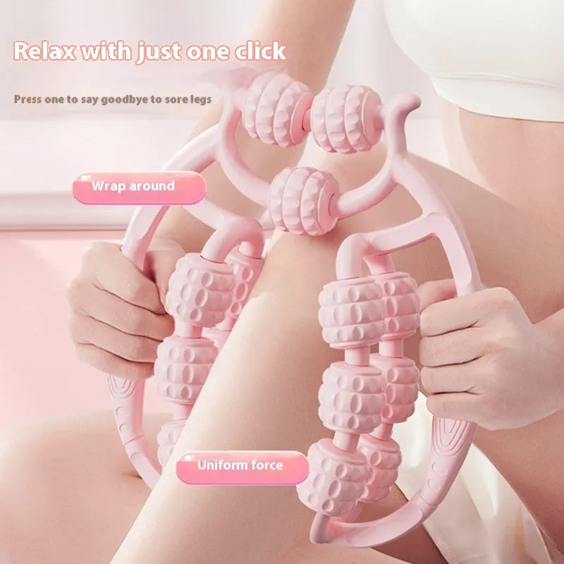 A handheld leg massage roller with double-row wheels in a choice of five colours including coral pink and green.