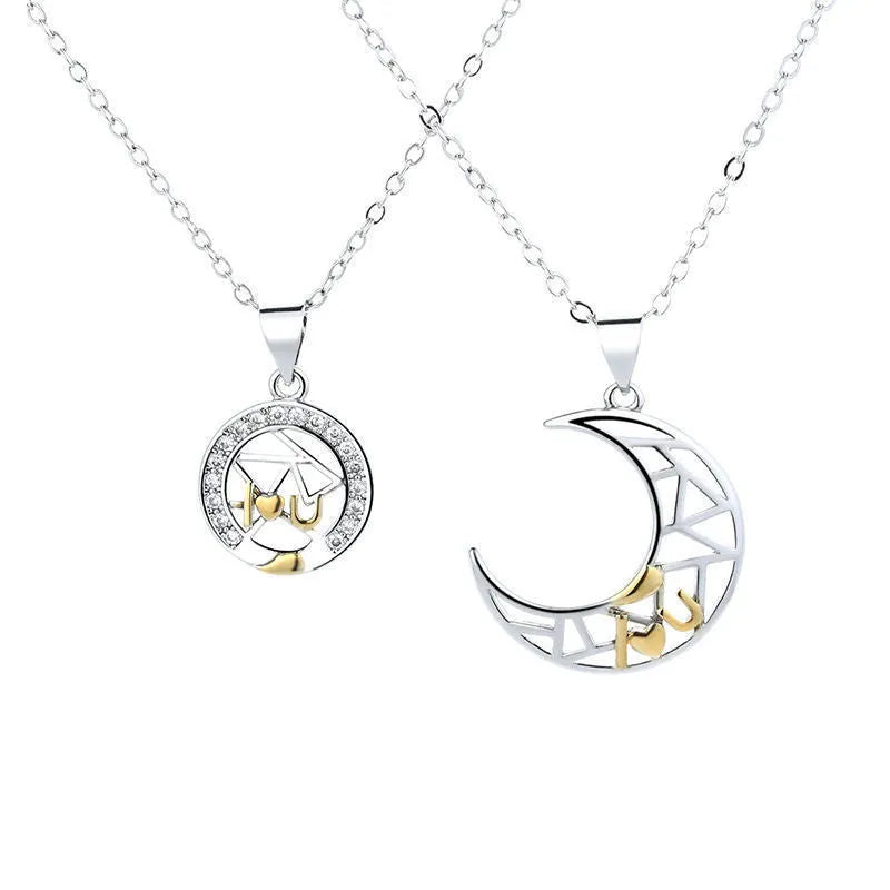 Sun and moon couple necklace with copper pendant and cross chain design for men and women