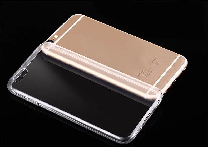 Transparent TPU soft shell mobile phone case for iPhone on a flat surface.
