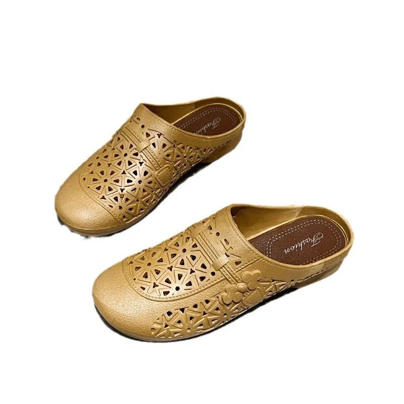 Apricot, black, and brown fairy style PVC half slippers with flat toe box on a white background.