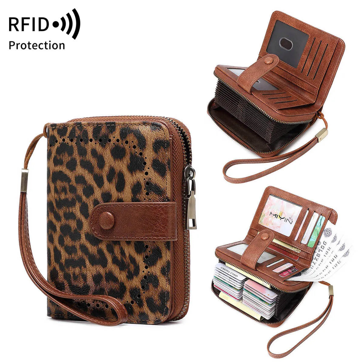 Leopard print PU leather wallet with zip closure and contrast stitching