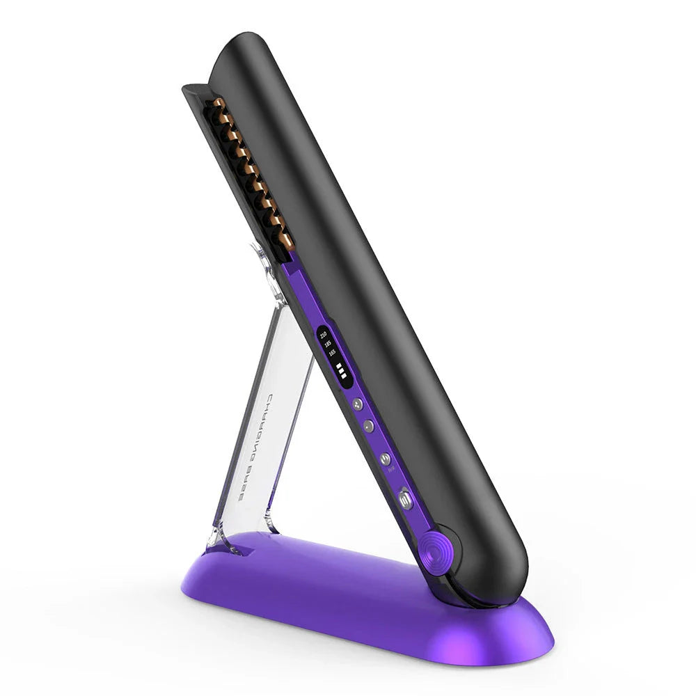 Rechargeable cordless hair straightener and curler with flexible alloy plates, intelligent temperature control, and long-lasting battery life