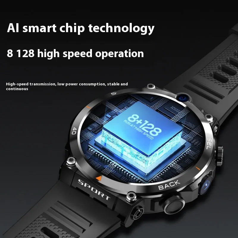 Multi-functional sports smartwatch with dual cameras on wrist, showing touch screen interface.