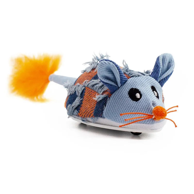 Blue electronic motion cat toy with moving mouse, sound box, and feather attachments for interactive play