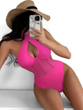 Ladies black one-piece bikini swimsuit made from nylon and spandex fabric on a mannequin.