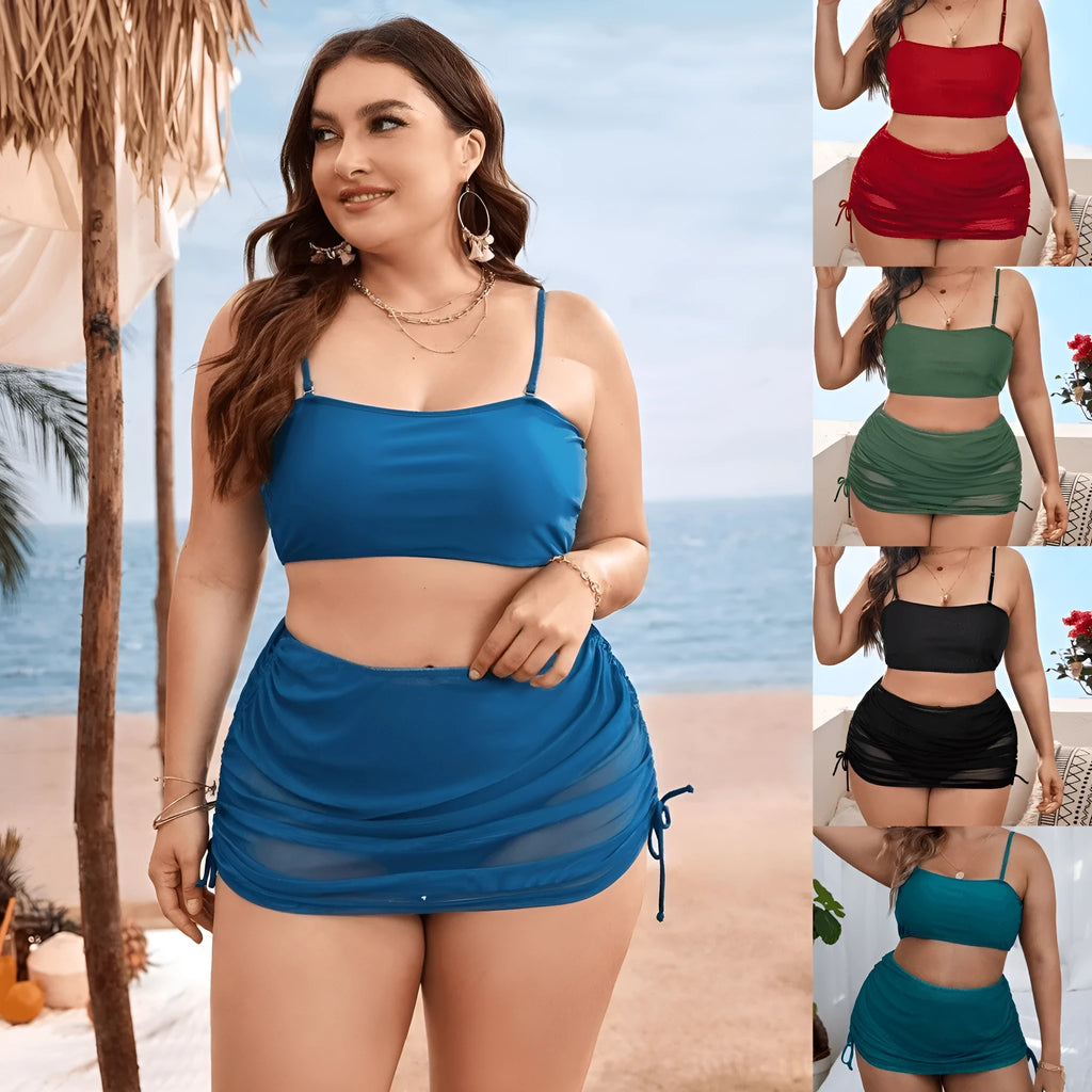 Women's solid colour mesh bikini three-piece set with top, underwear, and apron