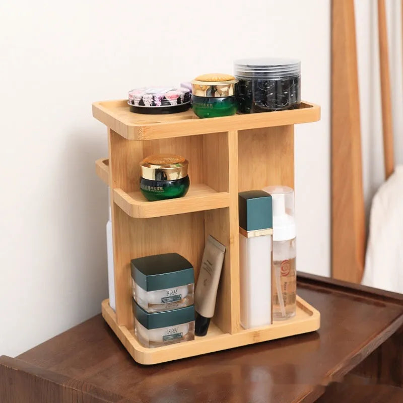 Bamboo rotating storage rack with multiple layers and grid compartments for organisation